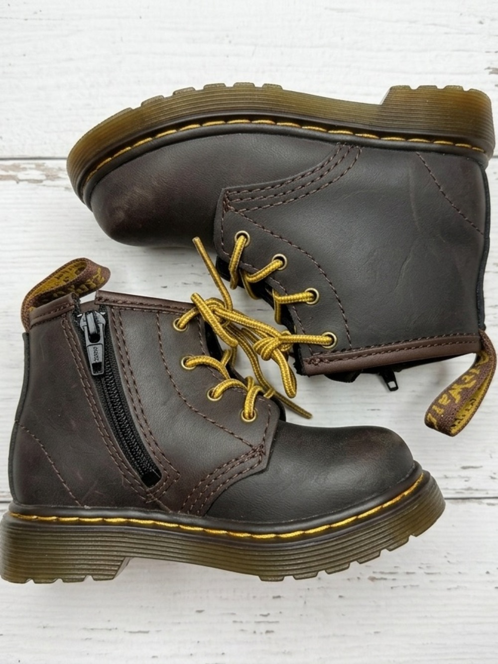 Dr. Martens Toddler Size 6 Dark Brown Leather Boots Zip Yellow Stitching